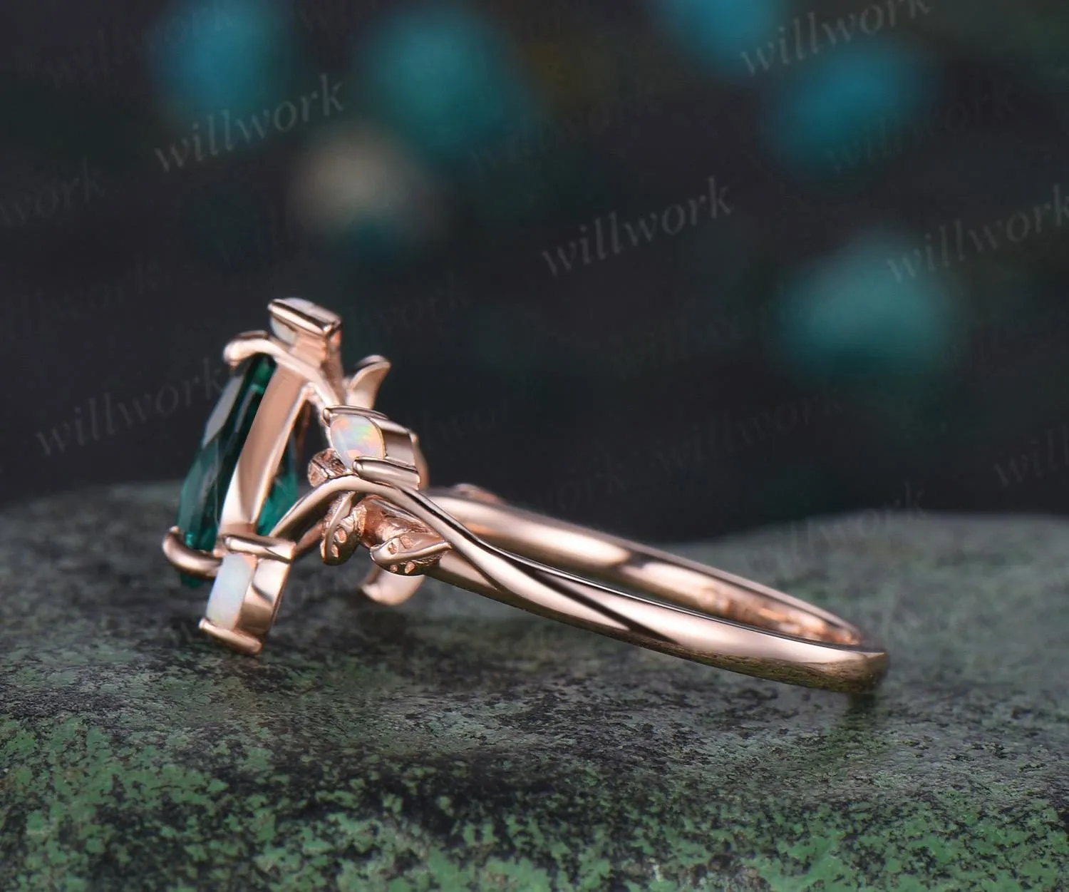 Pear cut emerald ring vintage leaf marquise opal ring women five stone unique nature inspired engagement ring rose gold anniversary gift sold by Willwork Jewelry product image thumbnail 4