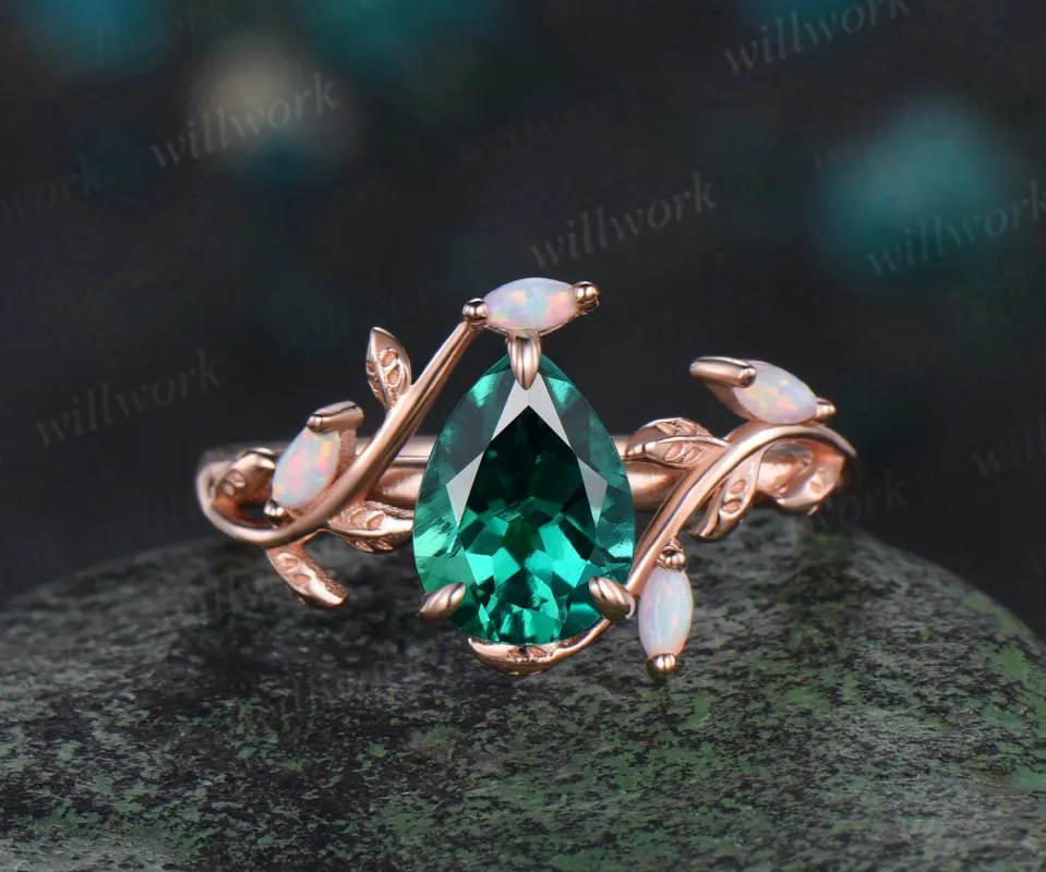 Pear cut emerald ring vintage leaf marquise opal ring women five stone unique nature inspired engagement ring rose gold anniversary gift sold by Willwork Jewelry