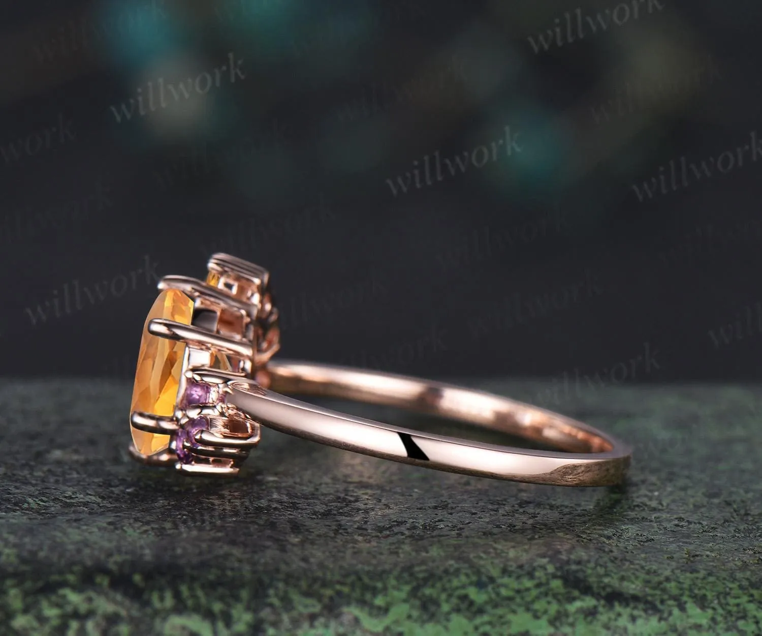 Oval cut yellow citrine engagement ring 14k rose gold 6 prong cluster amethyst ring women anniversary gift for her November birthstone ring sold by Willwork Jewelry product image thumbnail 4