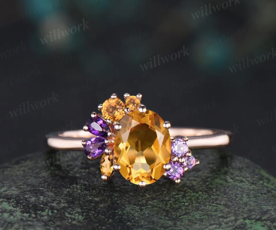 Oval cut yellow citrine engagement ring 14k rose gold 6 prong cluster amethyst ring women anniversary gift for her November birthstone ring sold by Willwork Jewelry