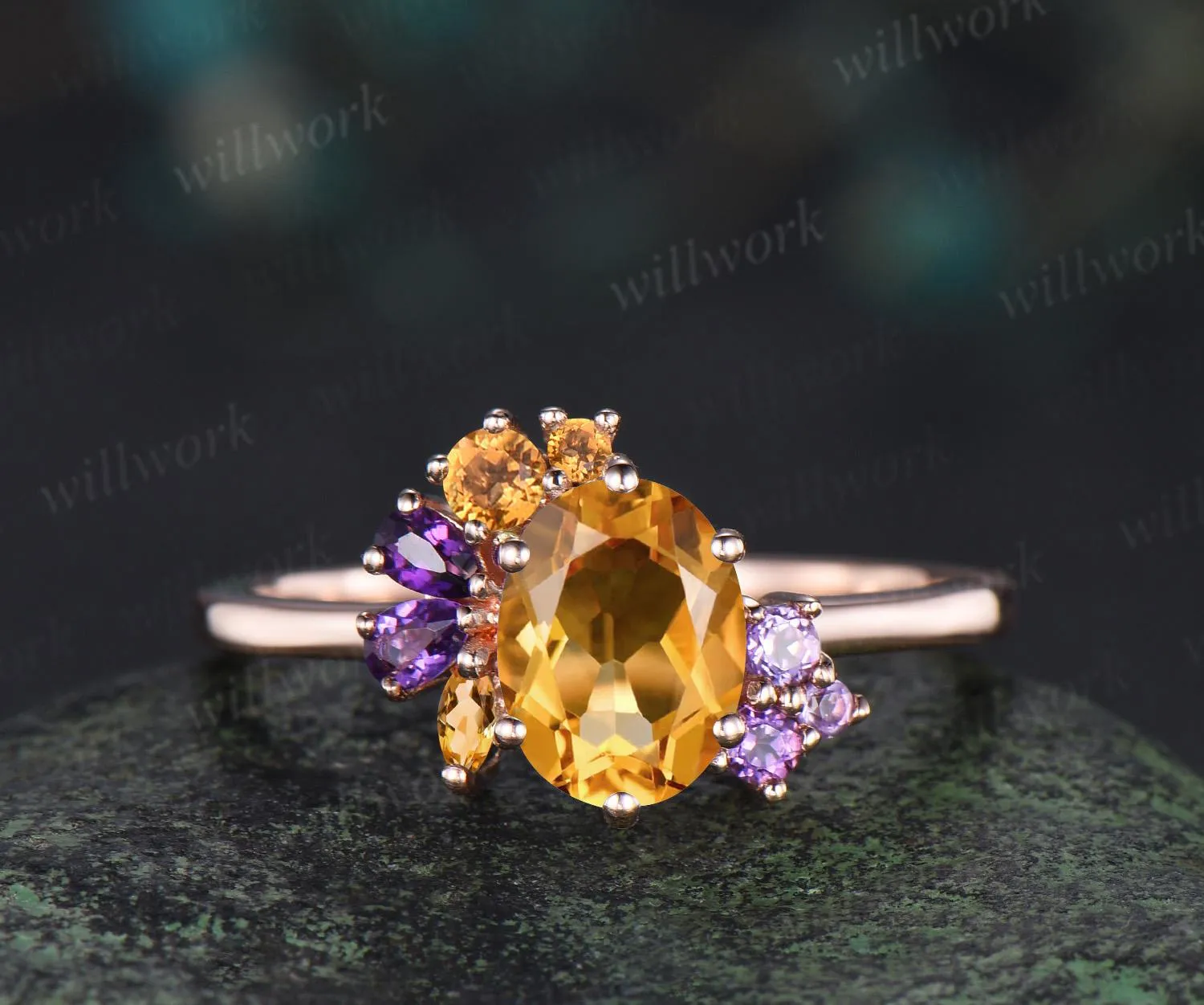 Oval cut yellow citrine engagement ring 14k rose gold 6 prong cluster amethyst ring women anniversary gift for her November birthstone ring sold by Willwork Jewelry