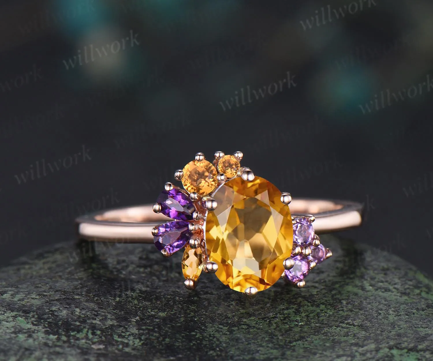 Oval cut yellow citrine engagement ring 14k rose gold 6 prong cluster amethyst ring women anniversary gift for her November birthstone ring sold by Willwork Jewelry product image thumbnail 2