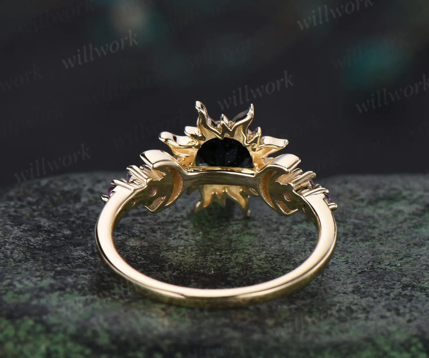 Vintage round cut blue sandstone sun bezel engagement ring solid 14k yellow gold five stone amethyst moon unique bridal ring women sold by Willwork Jewelry product image thumbnail 4