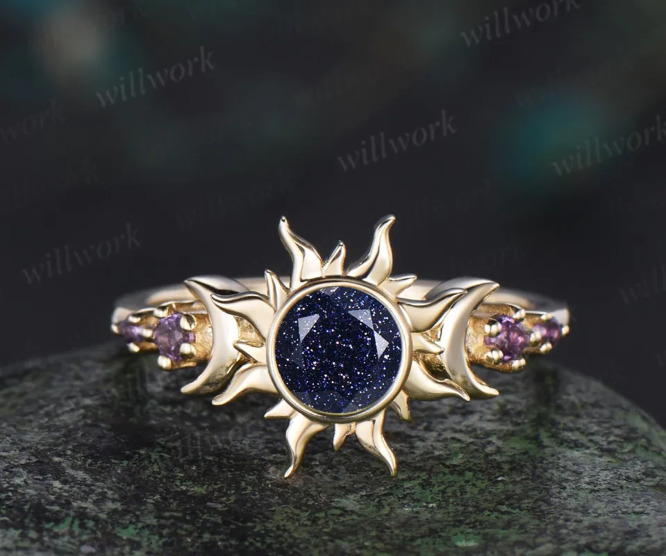 Vintage round cut blue sandstone sun bezel engagement ring solid 14k yellow gold five stone amethyst moon unique bridal ring women sold by Willwork Jewelry