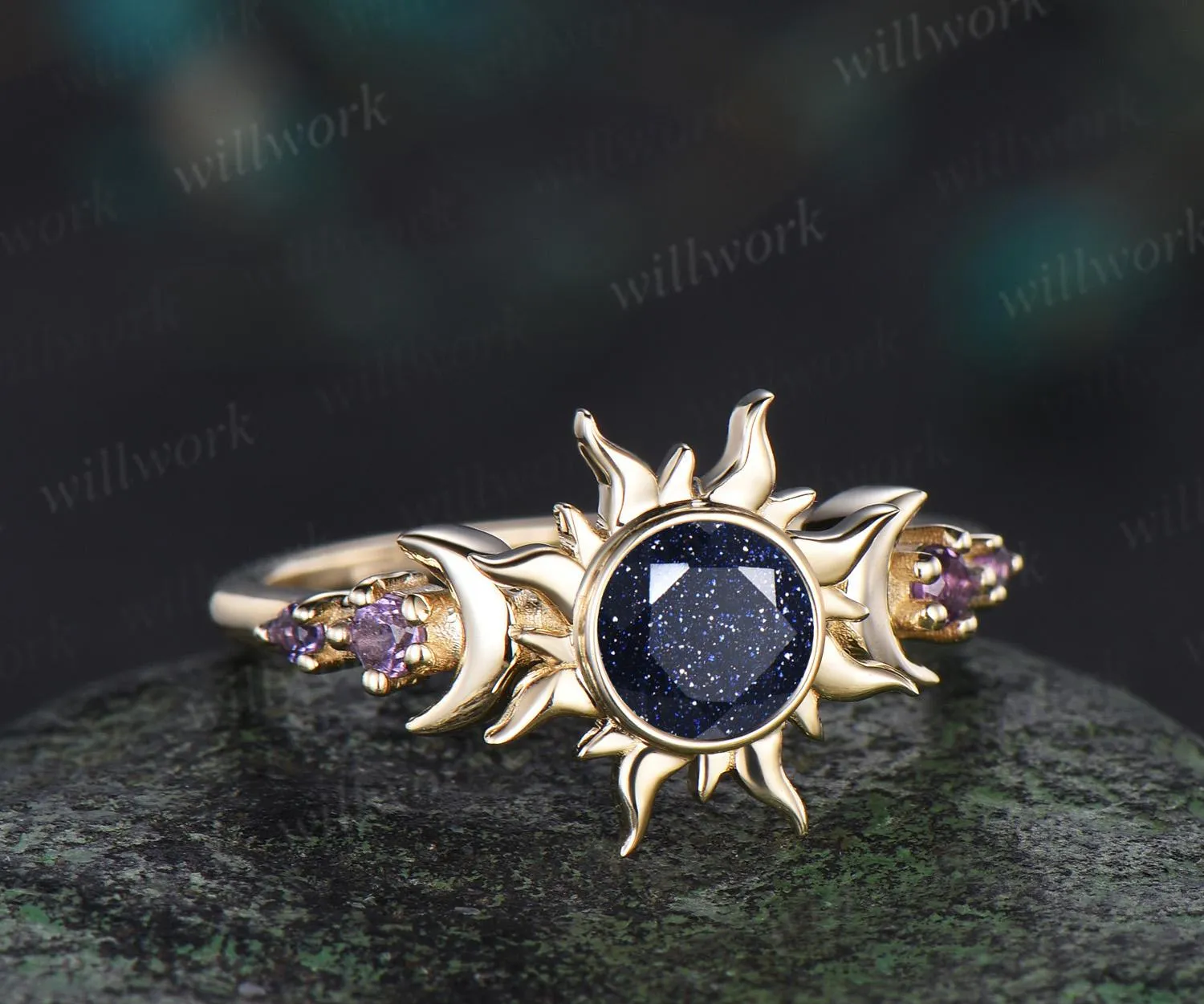 Vintage round cut blue sandstone sun bezel engagement ring solid 14k yellow gold five stone amethyst moon unique bridal ring women sold by Willwork Jewelry product image thumbnail 2