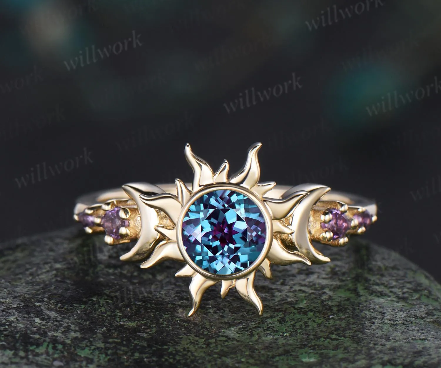 Round cut alexandrite ring vintage bezel sun moon engagement ring women solid 14k yellow gold unique wedding ring gift for her sold by Willwork Jewelry
