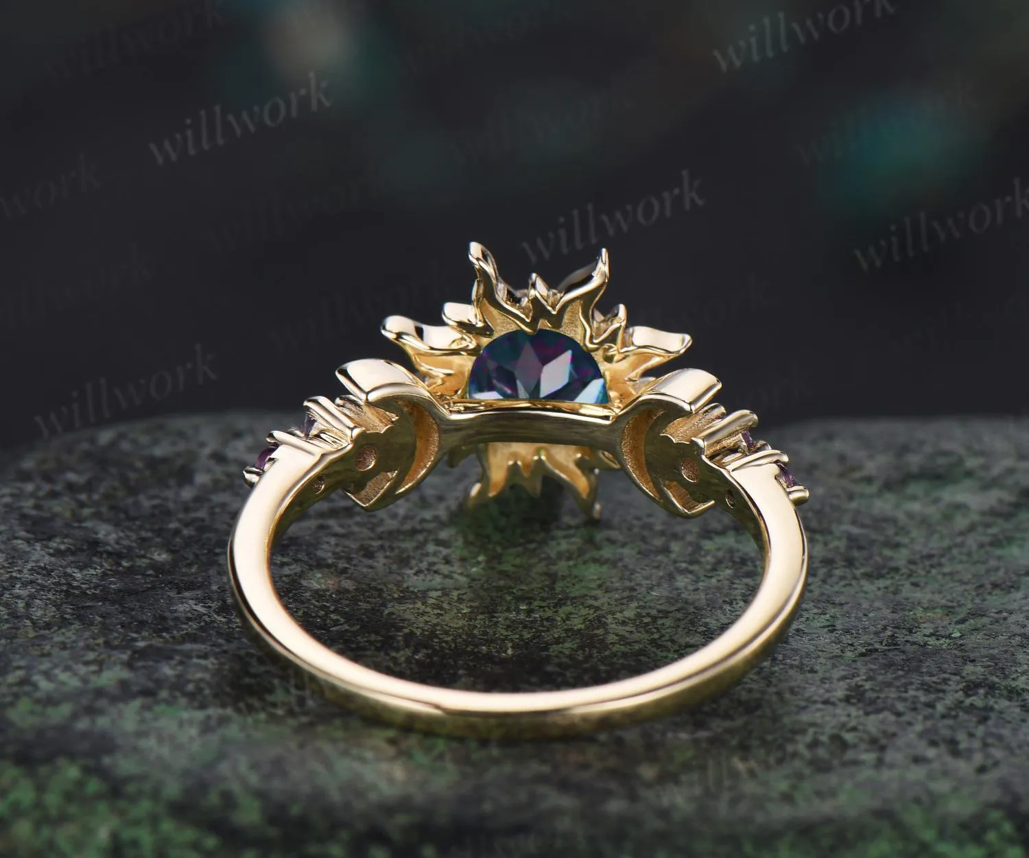Round cut alexandrite ring vintage bezel sun moon engagement ring women solid 14k yellow gold unique wedding ring gift for her sold by Willwork Jewelry product image thumbnail 5