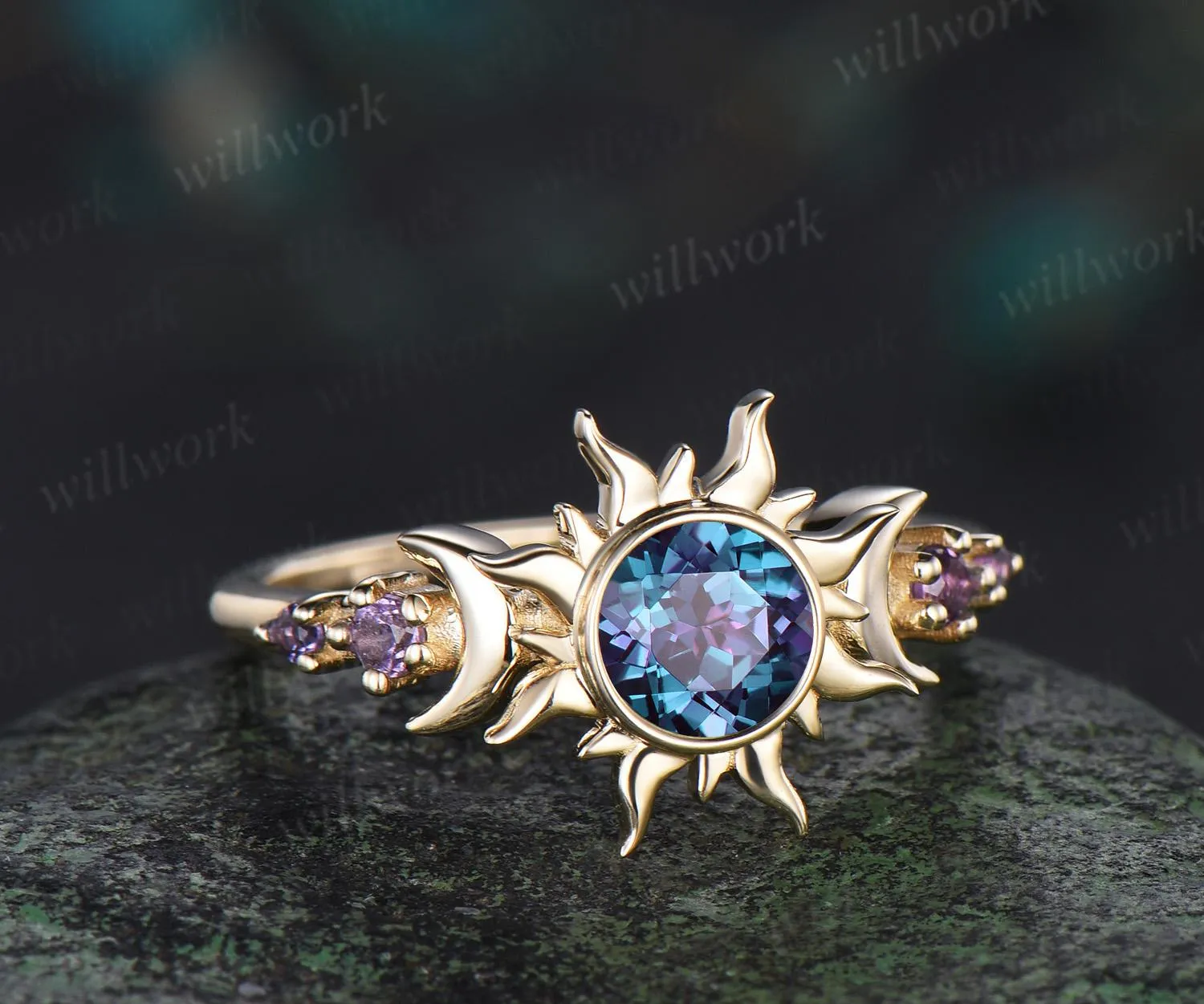 Round cut alexandrite ring vintage bezel sun moon engagement ring women solid 14k yellow gold unique wedding ring gift for her sold by Willwork Jewelry product image thumbnail 2
