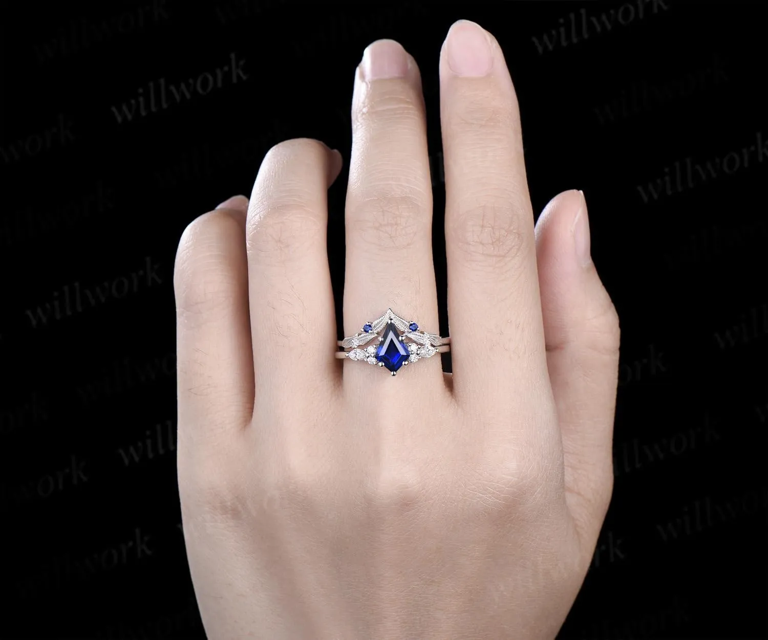 Kite cut blue sapphire engagement ring set moissanite vintage white gold ring leaf nature inspired wedding ring band retro bridal set sold by Willwork Jewelry product image thumbnail 3