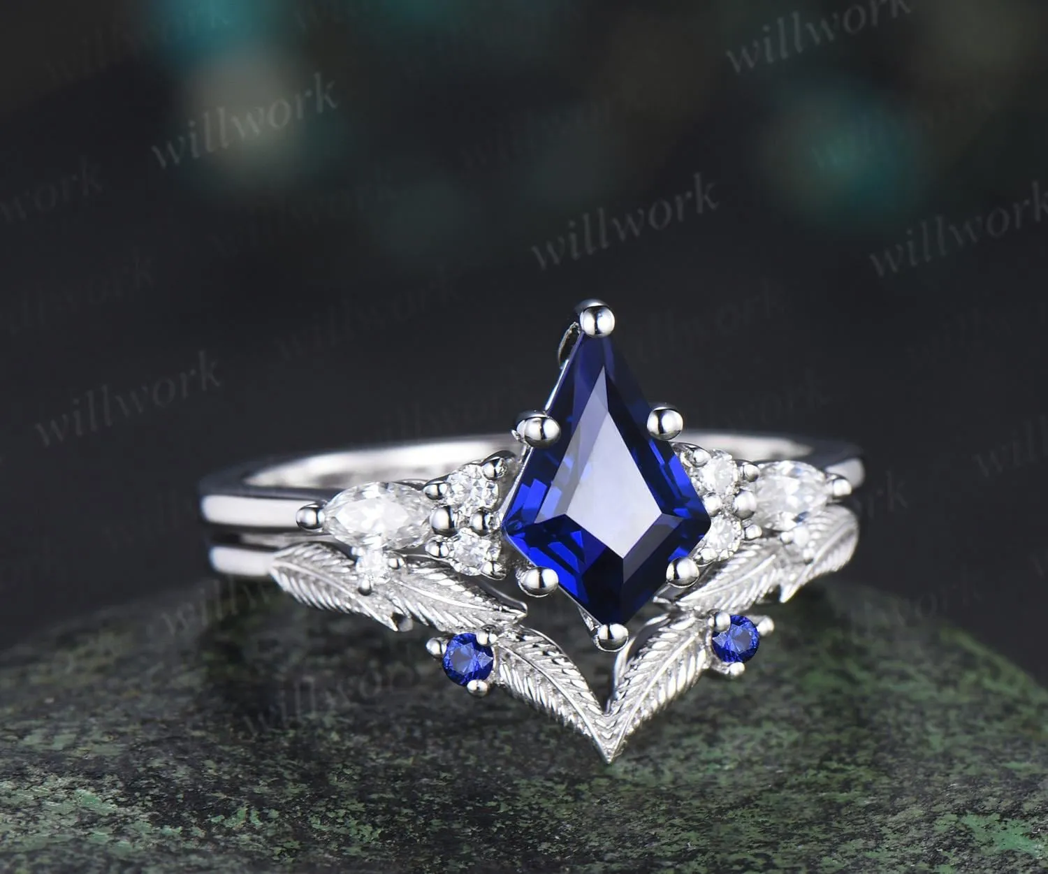 Kite cut blue sapphire engagement ring set moissanite vintage white gold ring leaf nature inspired wedding ring band retro bridal set sold by Willwork Jewelry product image thumbnail 4