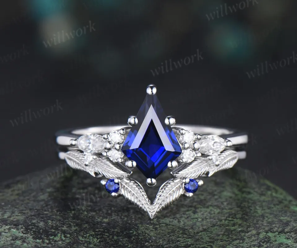 Kite cut blue sapphire engagement ring set moissanite vintage white gold ring leaf nature inspired wedding ring band retro bridal set sold by Willwork Jewelry
