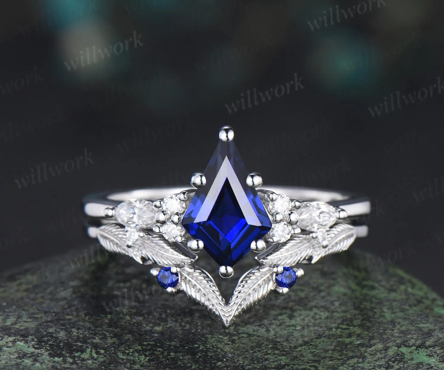 Kite cut blue sapphire engagement ring set moissanite vintage white gold ring leaf nature inspired wedding ring band retro bridal set sold by Willwork Jewelry
