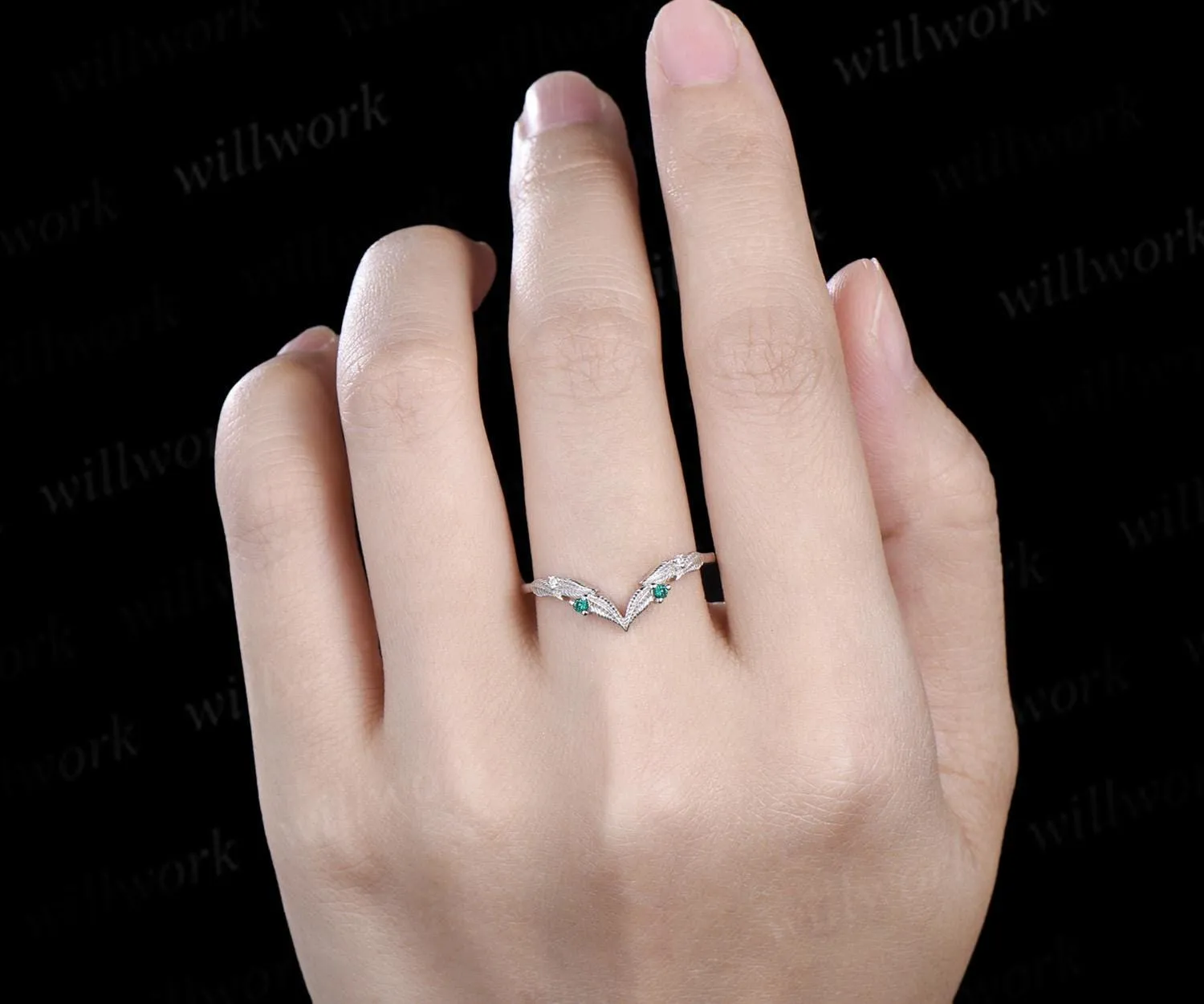 Curved V shaped emerald leaf wedding band white gold moissanite nature inspired stacking bridal ring women sold by Willwork Jewelry product image thumbnail 3