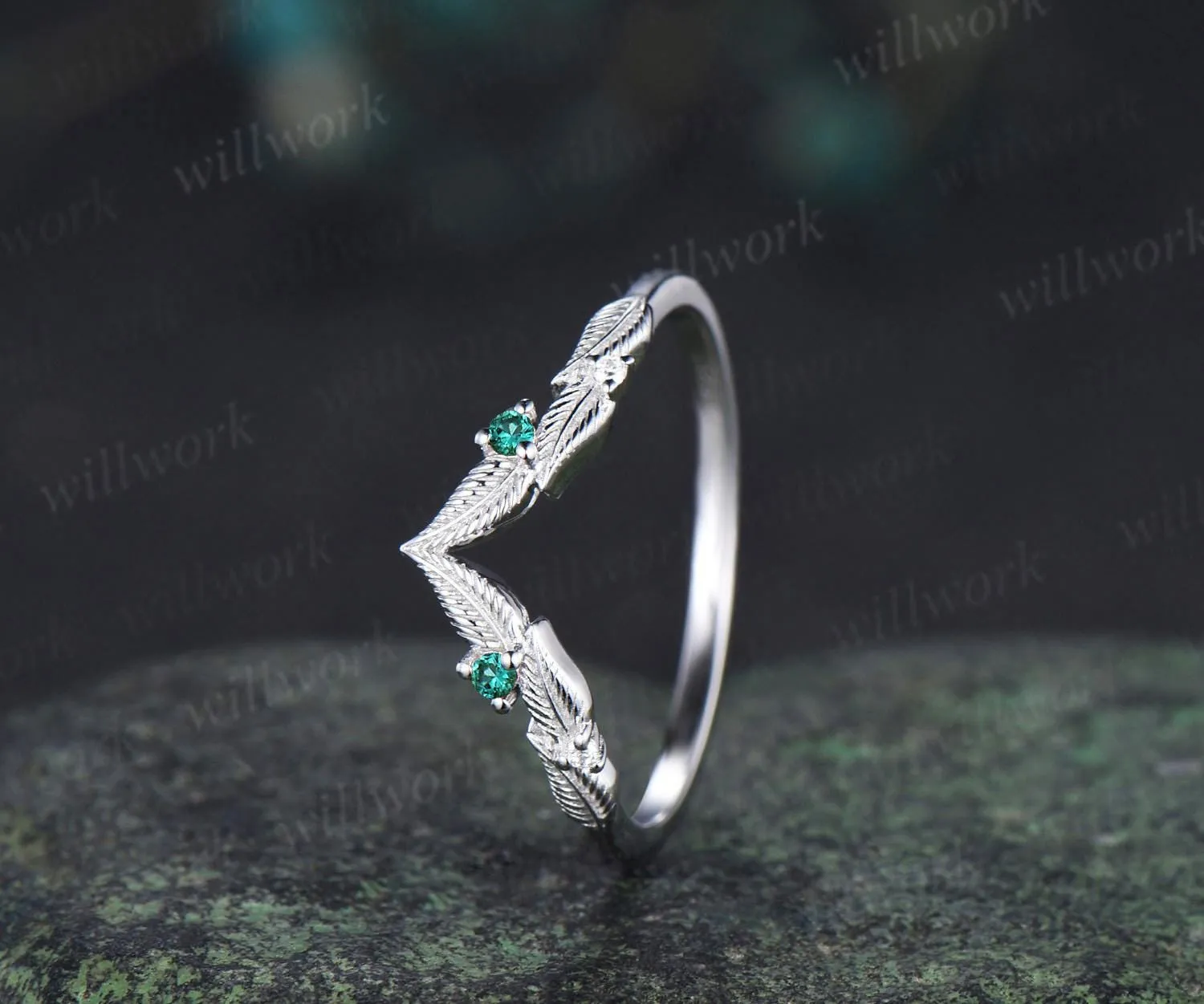 Curved V shaped emerald leaf wedding band white gold moissanite nature inspired stacking bridal ring women sold by Willwork Jewelry product image thumbnail 4