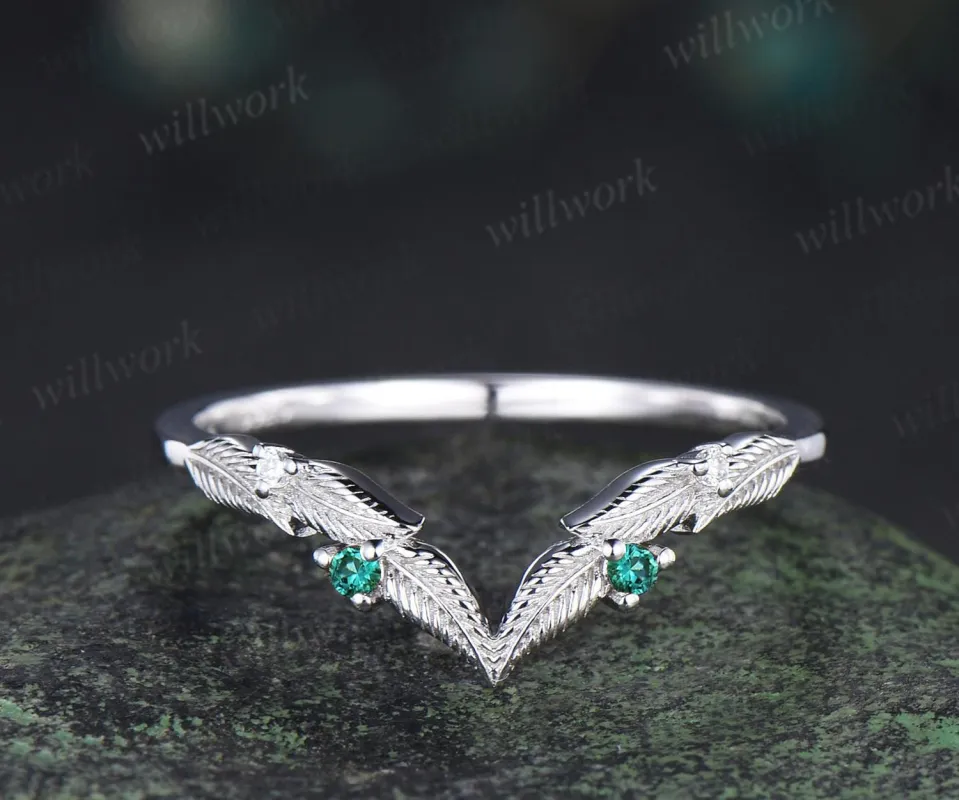 Curved V shaped emerald leaf wedding band white gold moissanite nature inspired stacking bridal ring women sold by Willwork Jewelry