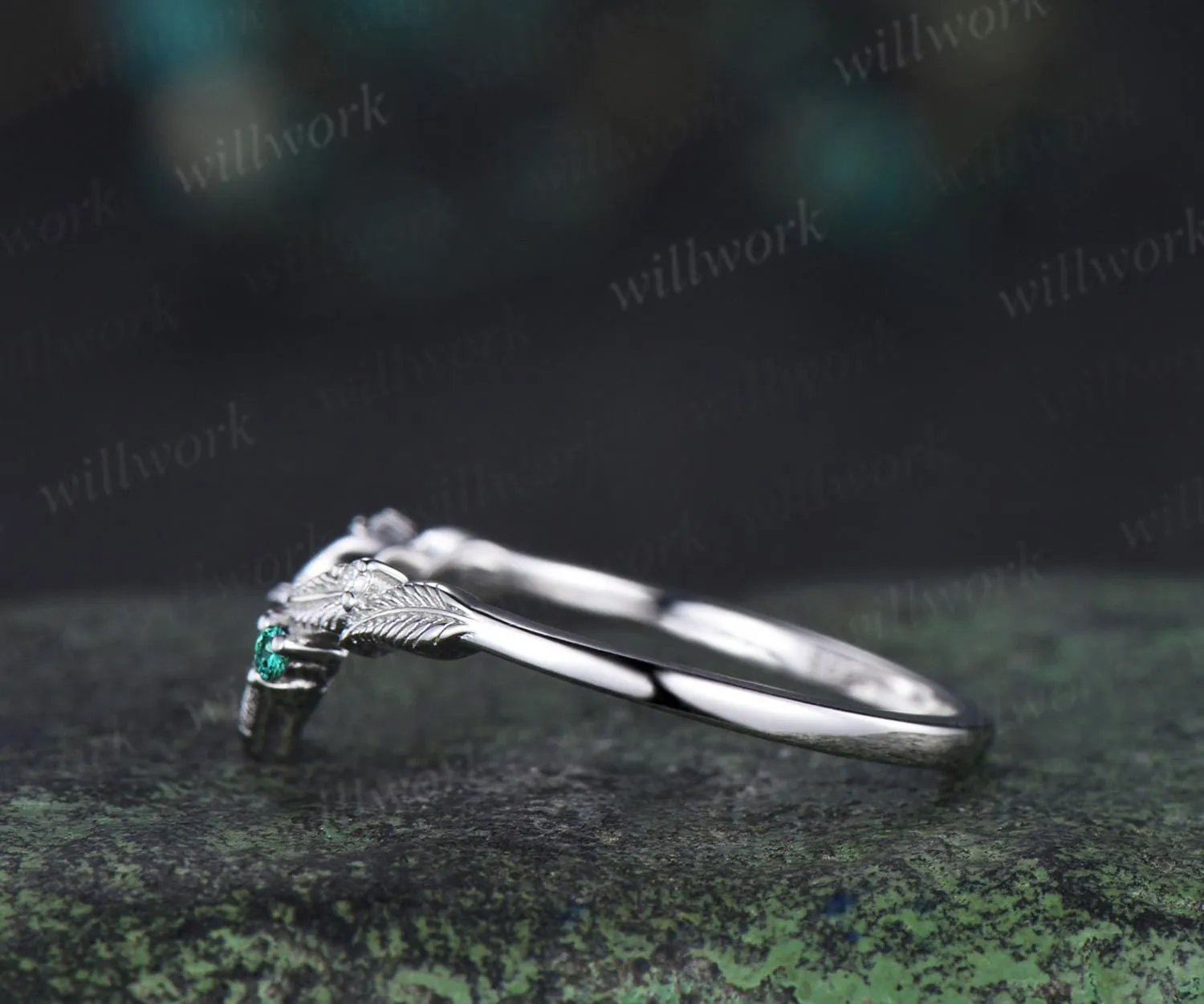Curved V shaped emerald leaf wedding band white gold moissanite nature inspired stacking bridal ring women sold by Willwork Jewelry product image thumbnail 5