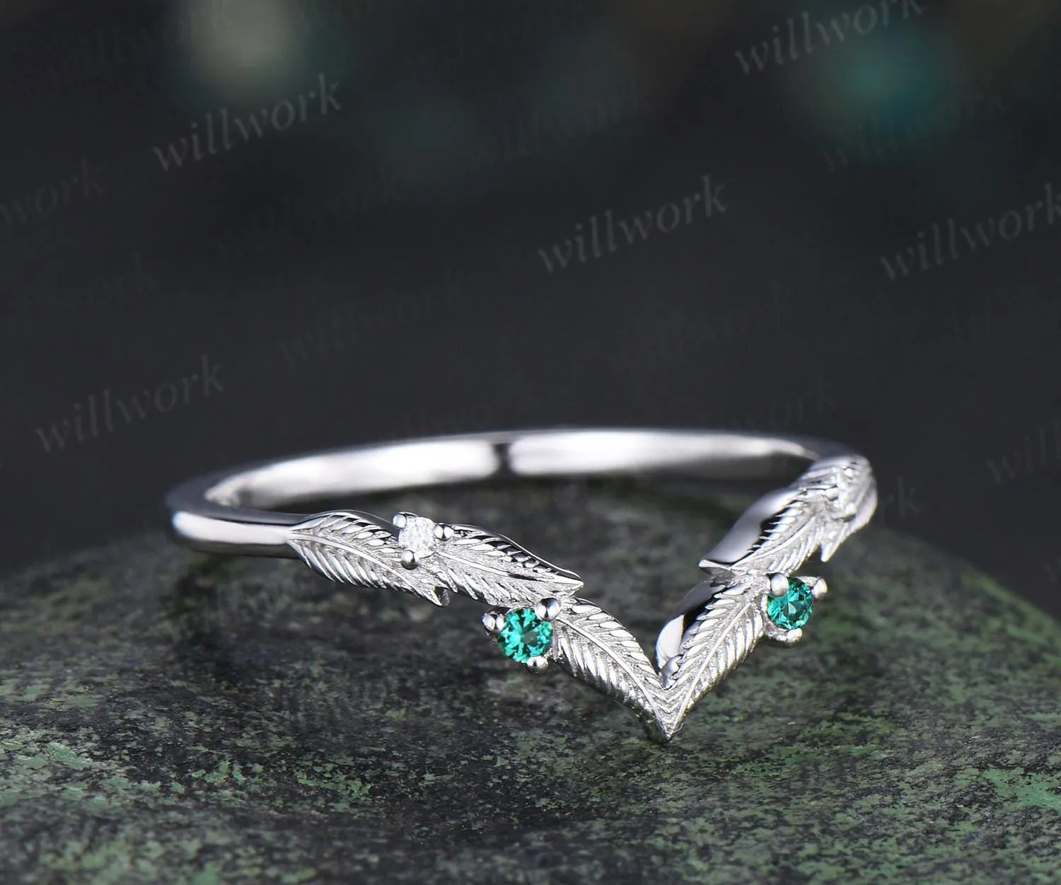 Curved V shaped emerald leaf wedding band white gold moissanite nature inspired stacking bridal ring women sold by Willwork Jewelry product image thumbnail 2