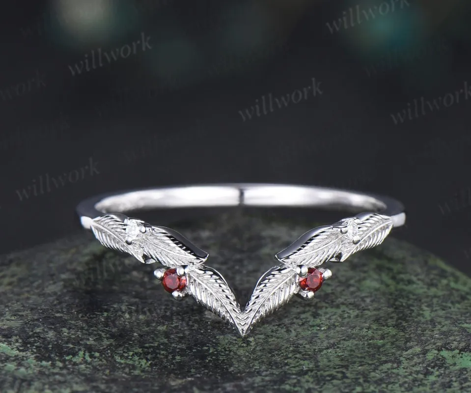 Curved V shaped garnet leaf wedding band white gold moissanite nature inspired stacking bridal ring women made by Willwork Jewelry