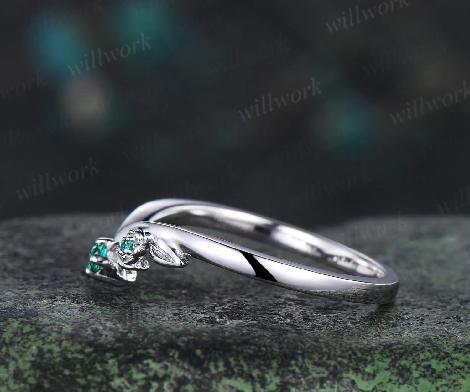 Leaf floral emerald curved wedding band solid 14k white gold nature inspired three stone stacking bridal anniversary ring women gift sold by Willwork Jewelry product image thumbnail 5