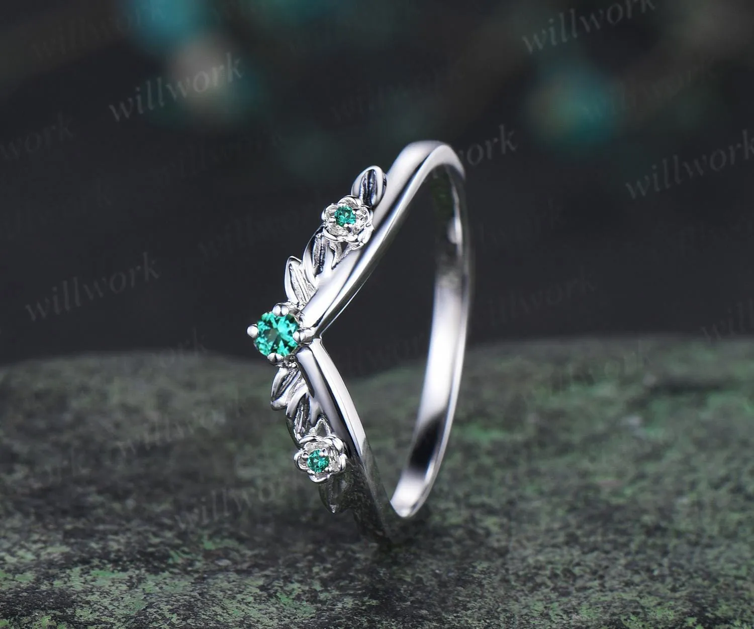 Leaf floral emerald curved wedding band solid 14k white gold nature inspired three stone stacking bridal anniversary ring women gift sold by Willwork Jewelry product image thumbnail 2