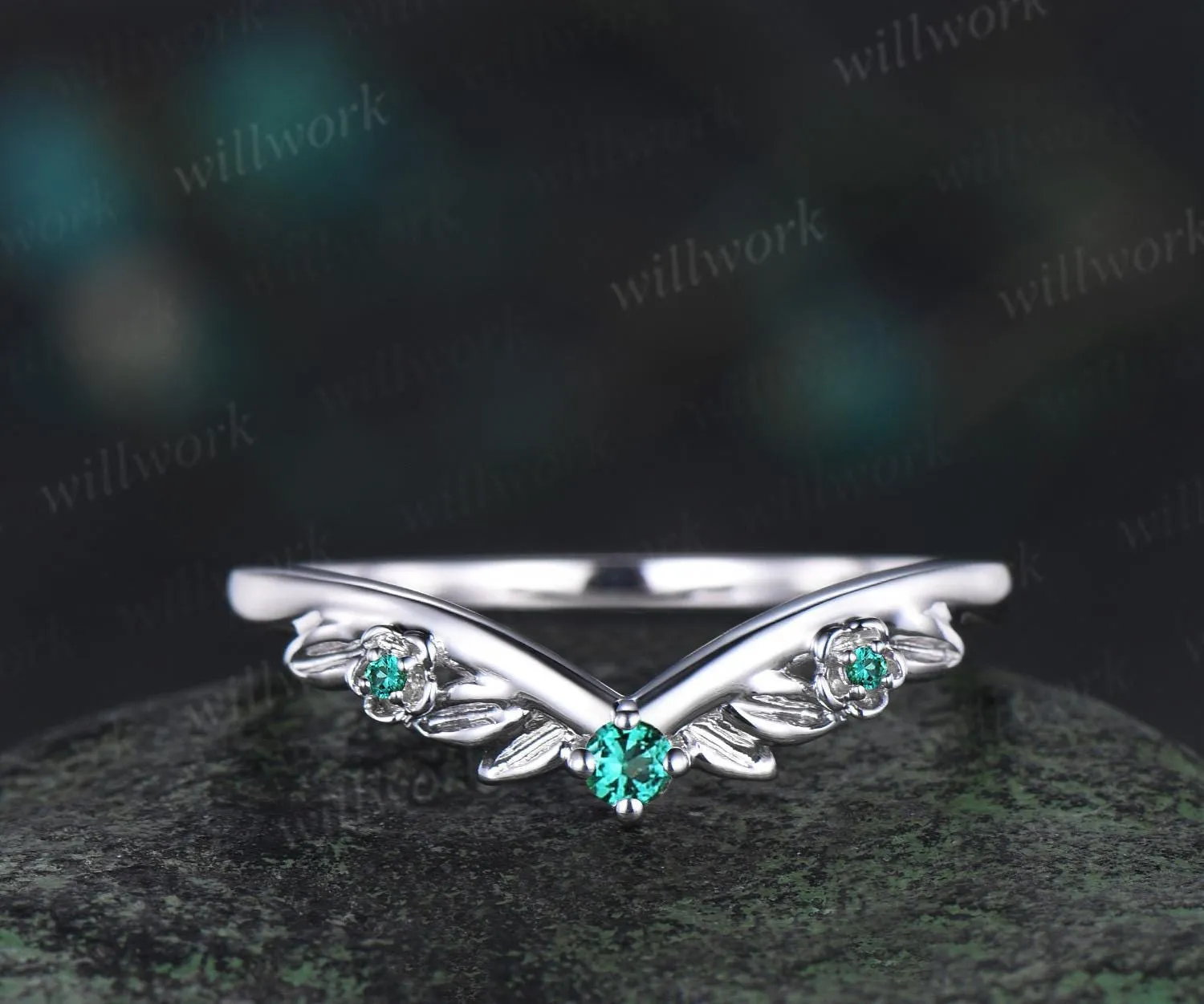 Leaf floral emerald curved wedding band solid 14k white gold nature inspired three stone stacking bridal anniversary ring women gift sold by Willwork Jewelry