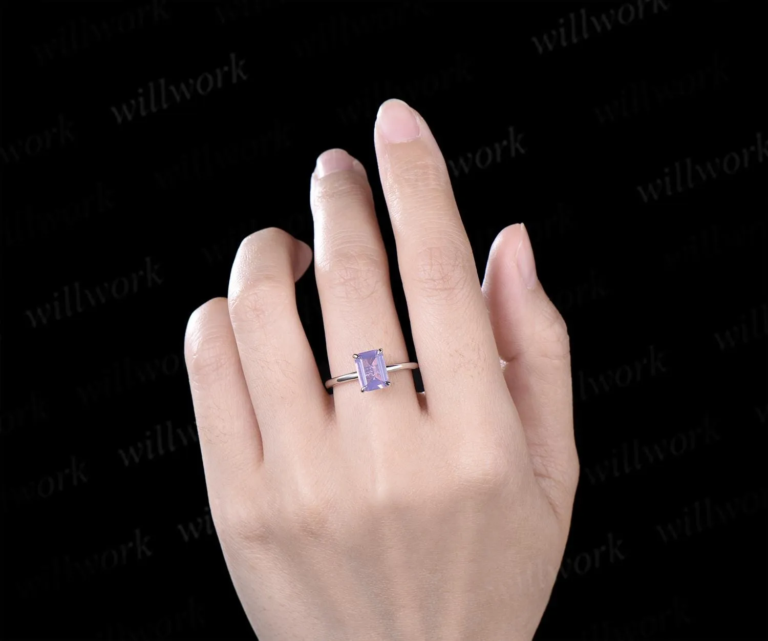 Emerald cut Lavender amethyst solitaire engagement ring solid 14k 18k white gold claw prong dainty wedding ring women gift sold by Willwork Jewelry product image thumbnail 3