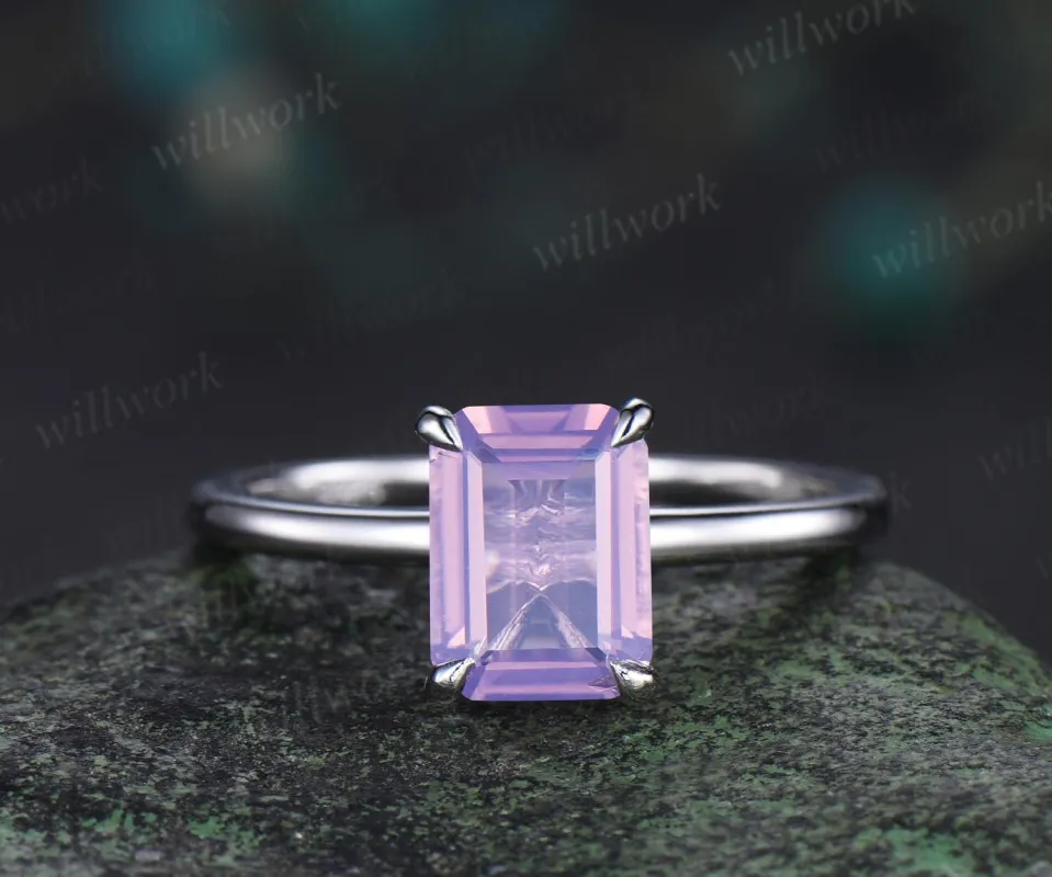 Emerald cut Lavender amethyst solitaire engagement ring solid 14k 18k white gold claw prong dainty wedding ring women gift sold by Willwork Jewelry