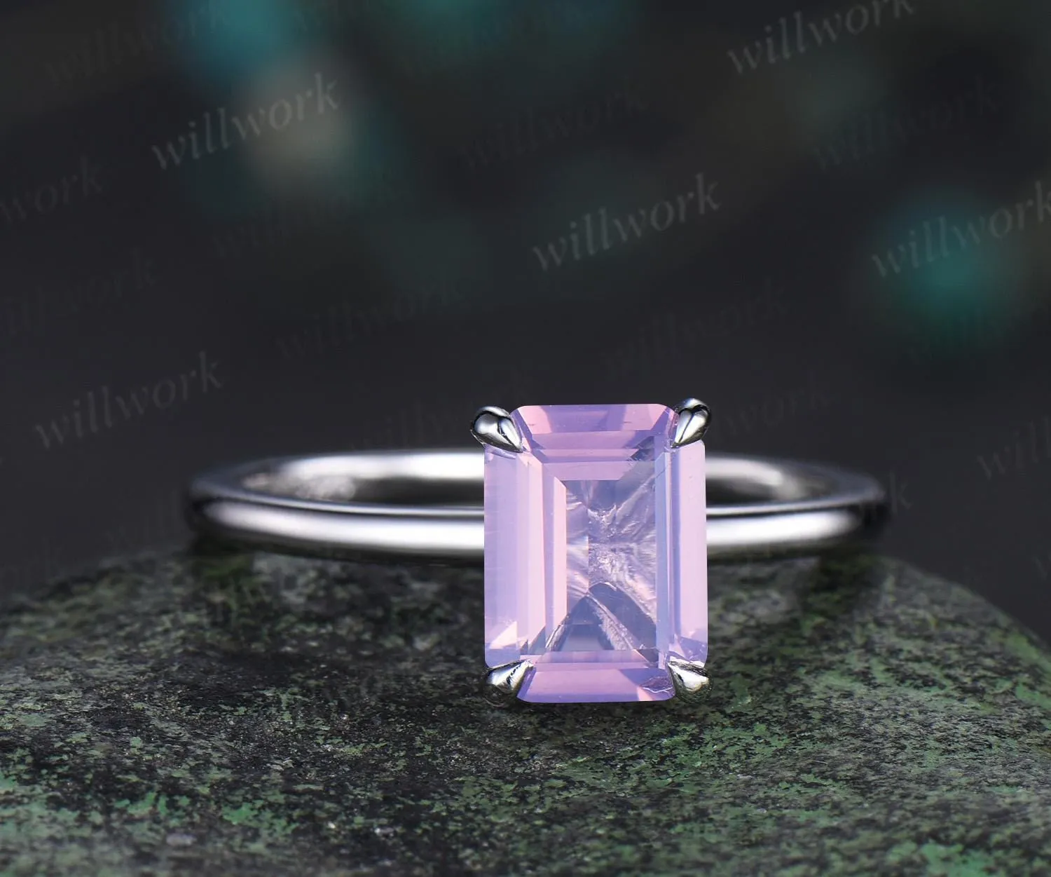 Emerald cut Lavender amethyst solitaire engagement ring solid 14k 18k white gold claw prong dainty wedding ring women gift sold by Willwork Jewelry product image thumbnail 2