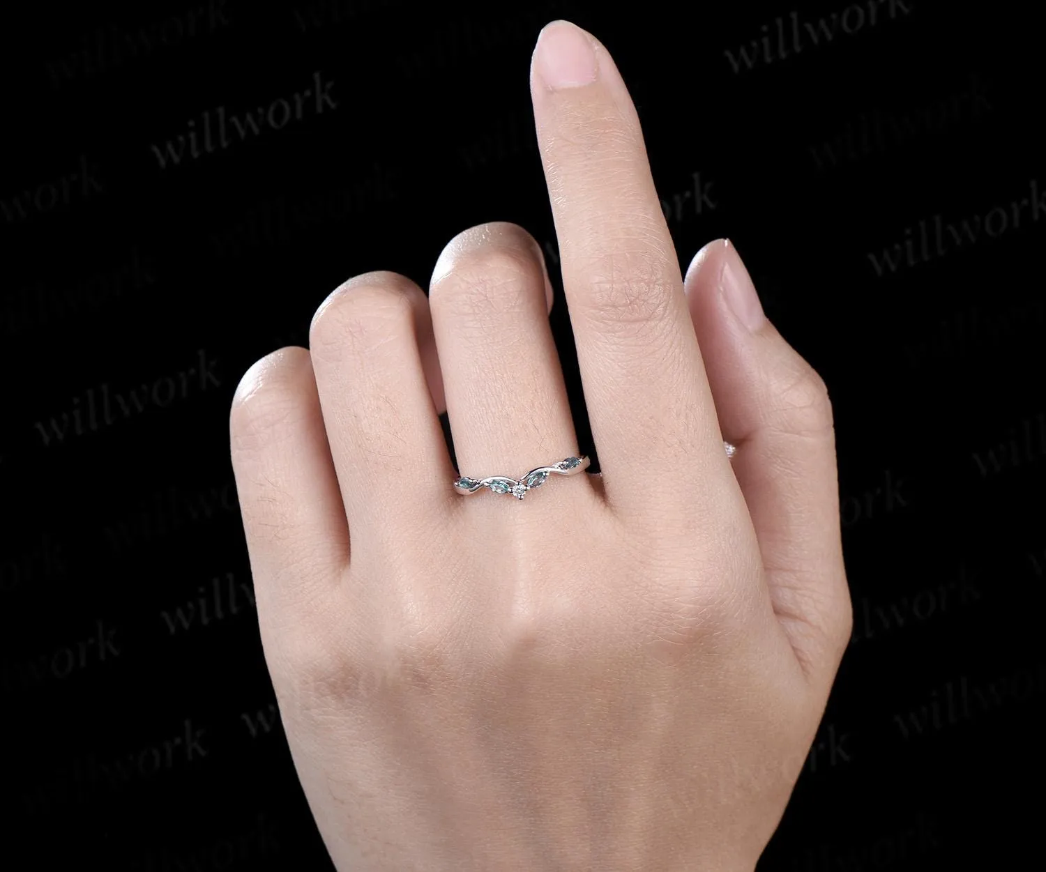 Curved alexandrite diamond wedding band women solid 14k white matching stacking five stone anniversary gift sold by Willwork Jewelry product image thumbnail 3