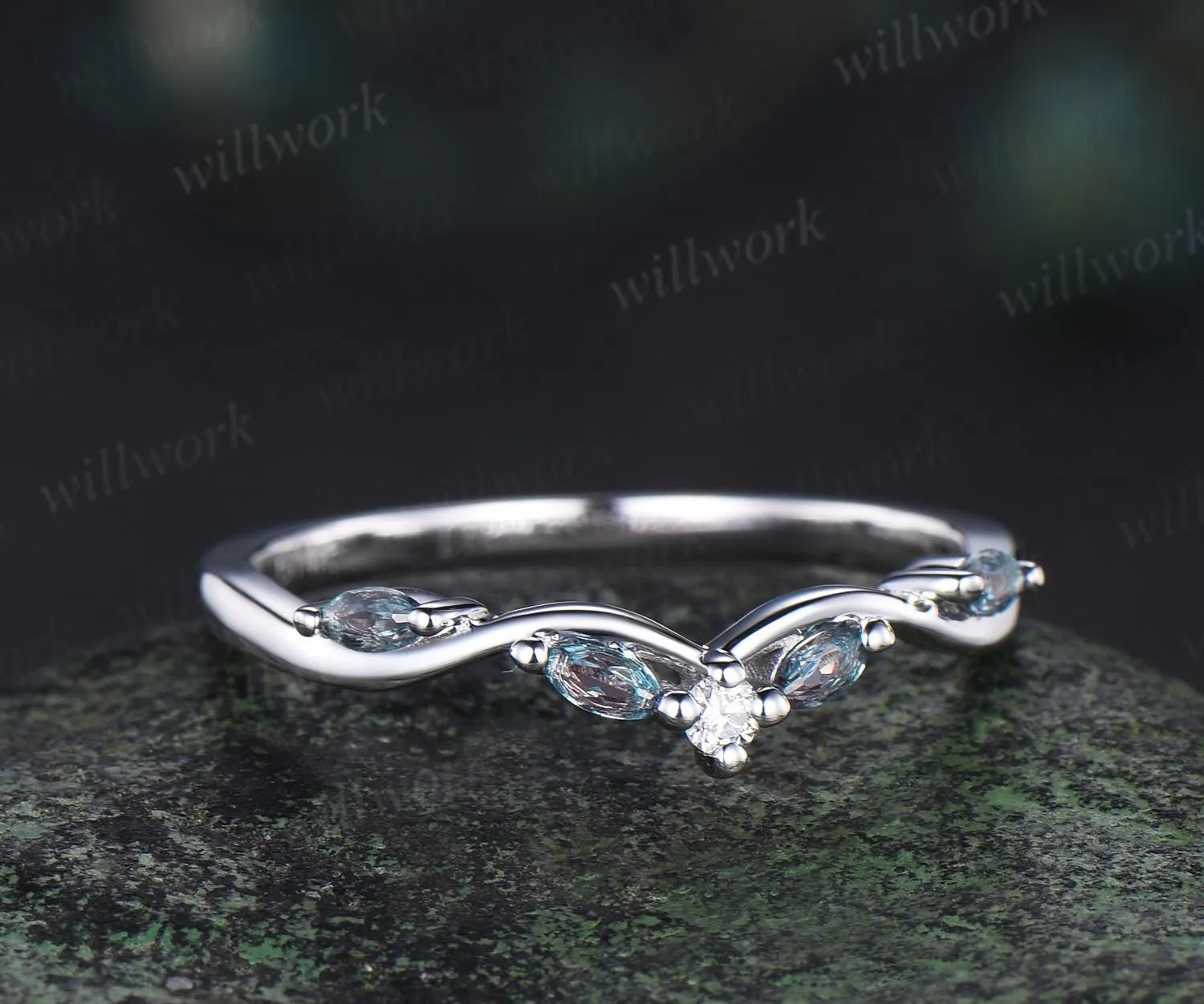 Curved alexandrite diamond wedding band women solid 14k white matching stacking five stone anniversary gift sold by Willwork Jewelry product image thumbnail 4