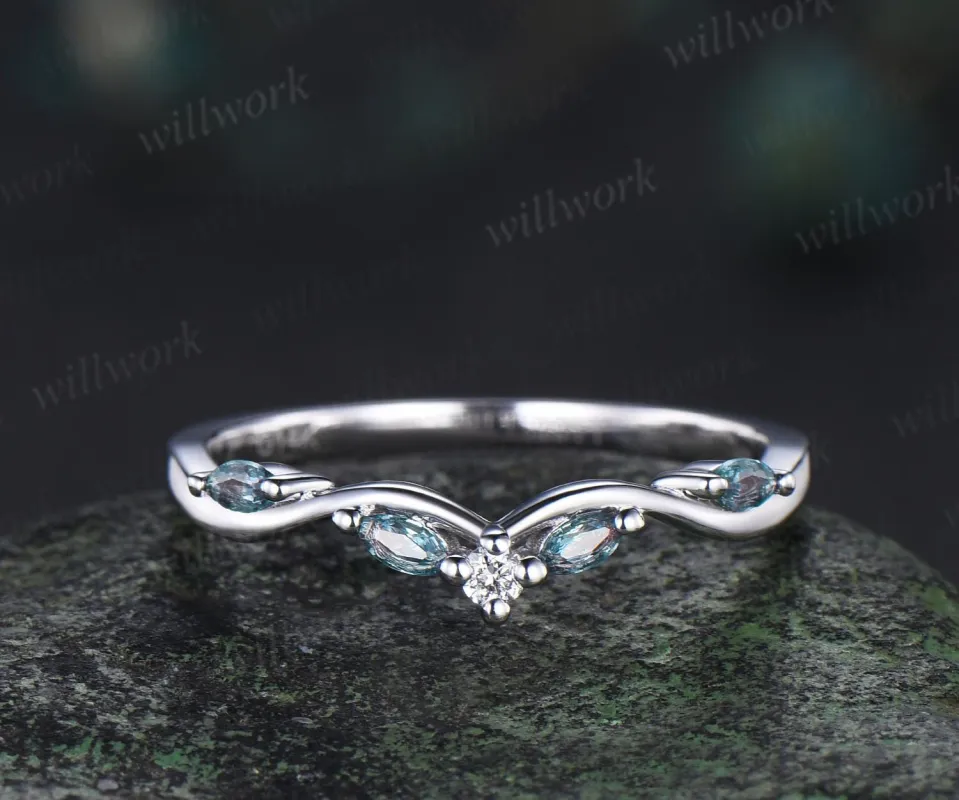 Curved alexandrite diamond wedding band women solid 14k white matching stacking five stone anniversary gift sold by Willwork Jewelry