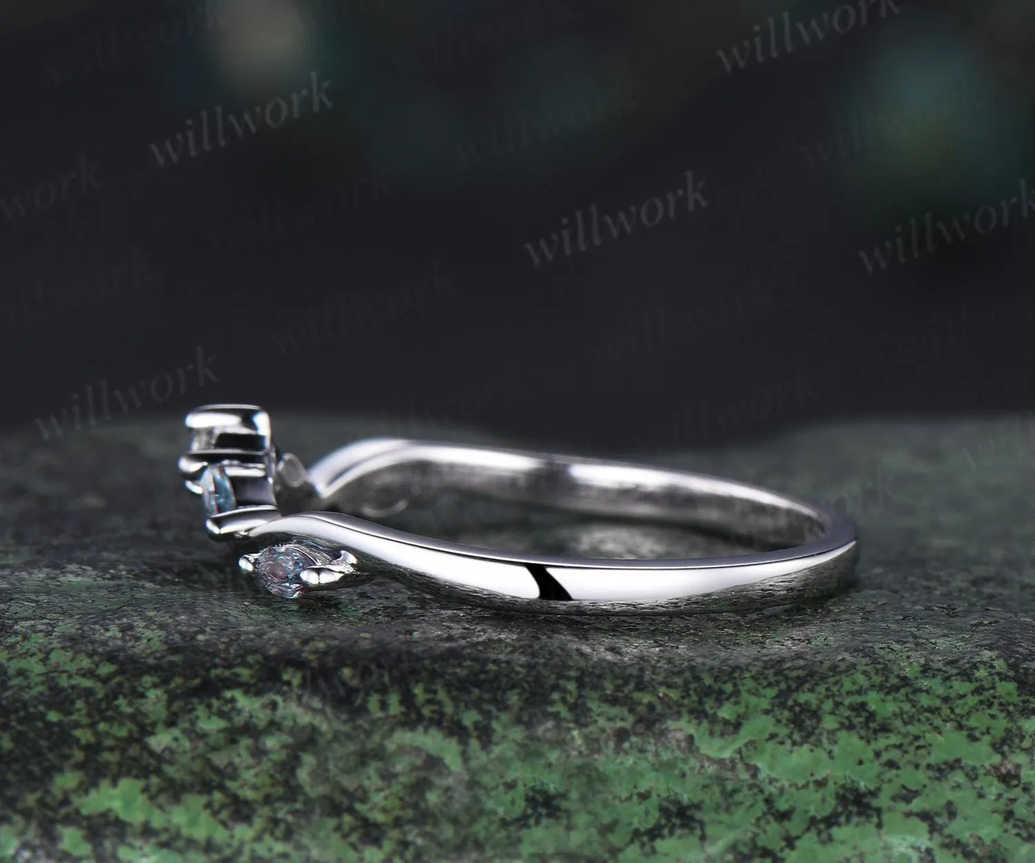 Curved alexandrite diamond wedding band women solid 14k white matching stacking five stone anniversary gift sold by Willwork Jewelry product image thumbnail 5