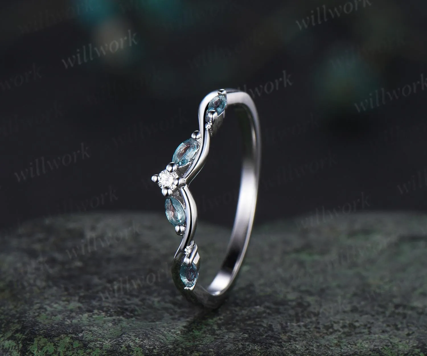 Curved alexandrite diamond wedding band women solid 14k white matching stacking five stone anniversary gift sold by Willwork Jewelry product image thumbnail 2