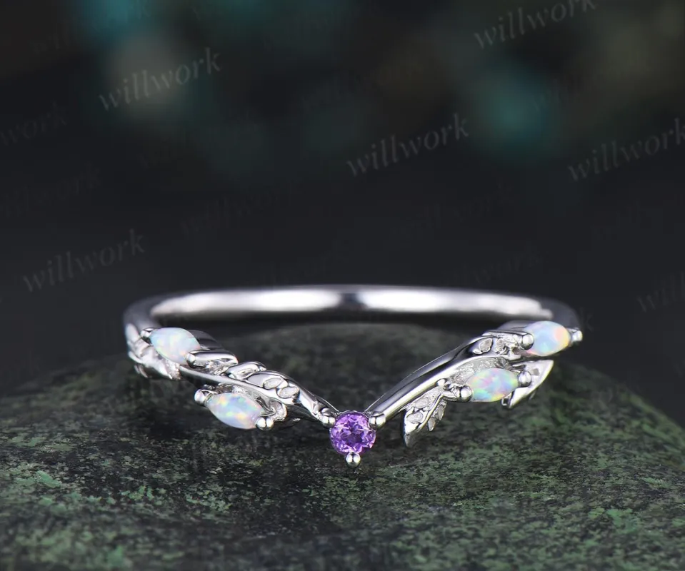 Curved amethyst marquise opal leaf wedding band solid 14k white gold stacking bridal wedding ring women sold by Willwork Jewelry