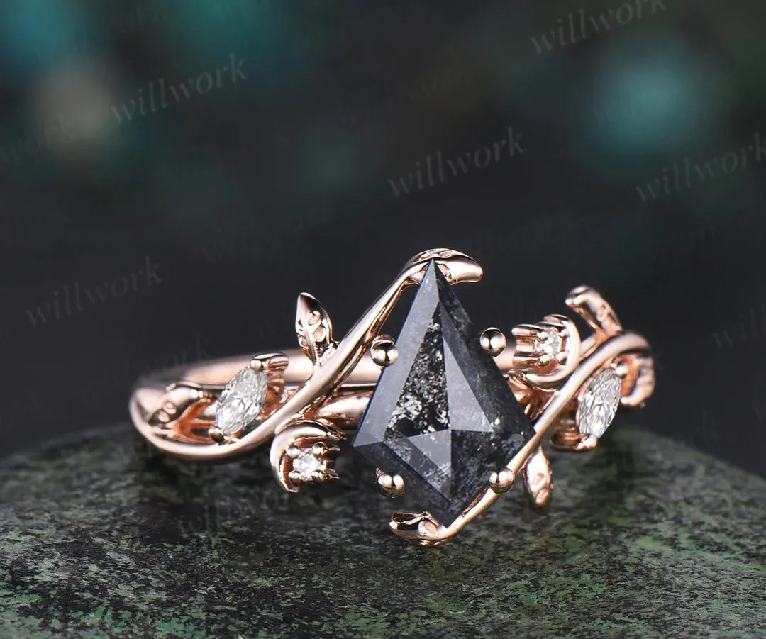 Kite cut salt and pepper diamond ring moon leaf nature inspired engagement ring diamond moissanite accented wedding ring women sold by Willwork Jewelry product image thumbnail 2