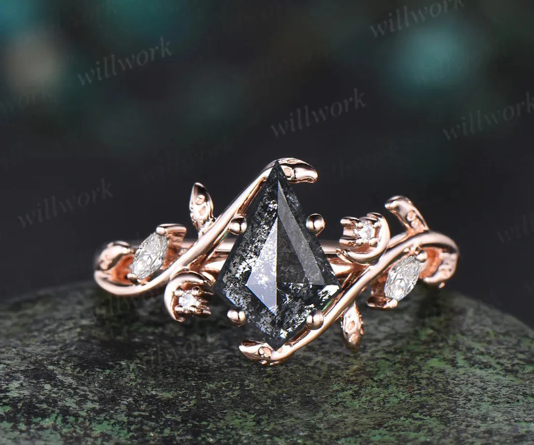 Kite cut salt and pepper diamond ring moon leaf nature inspired engagement ring diamond moissanite accented wedding ring women sold by Willwork Jewelry