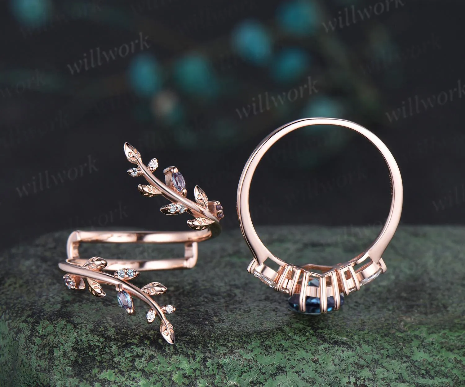 Kite cut alexandrite engagement ring 14k rose gold leaf nature inspired cluster diamond wedding band enhancer unique wedding ring set women sold by Willwork Jewelry product image thumbnail 5