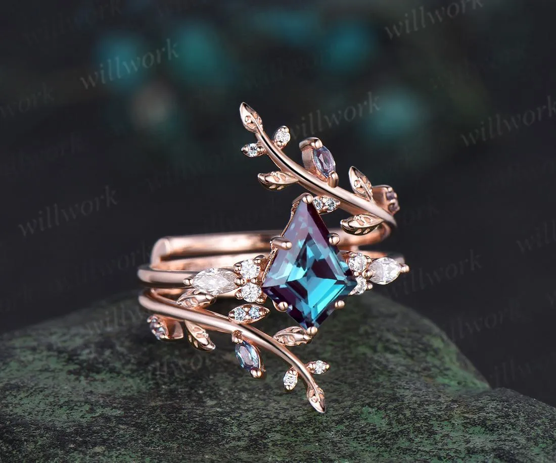 Kite cut alexandrite engagement ring 14k rose gold leaf nature inspired cluster diamond wedding band enhancer unique wedding ring set women sold by Willwork Jewelry product image thumbnail 2
