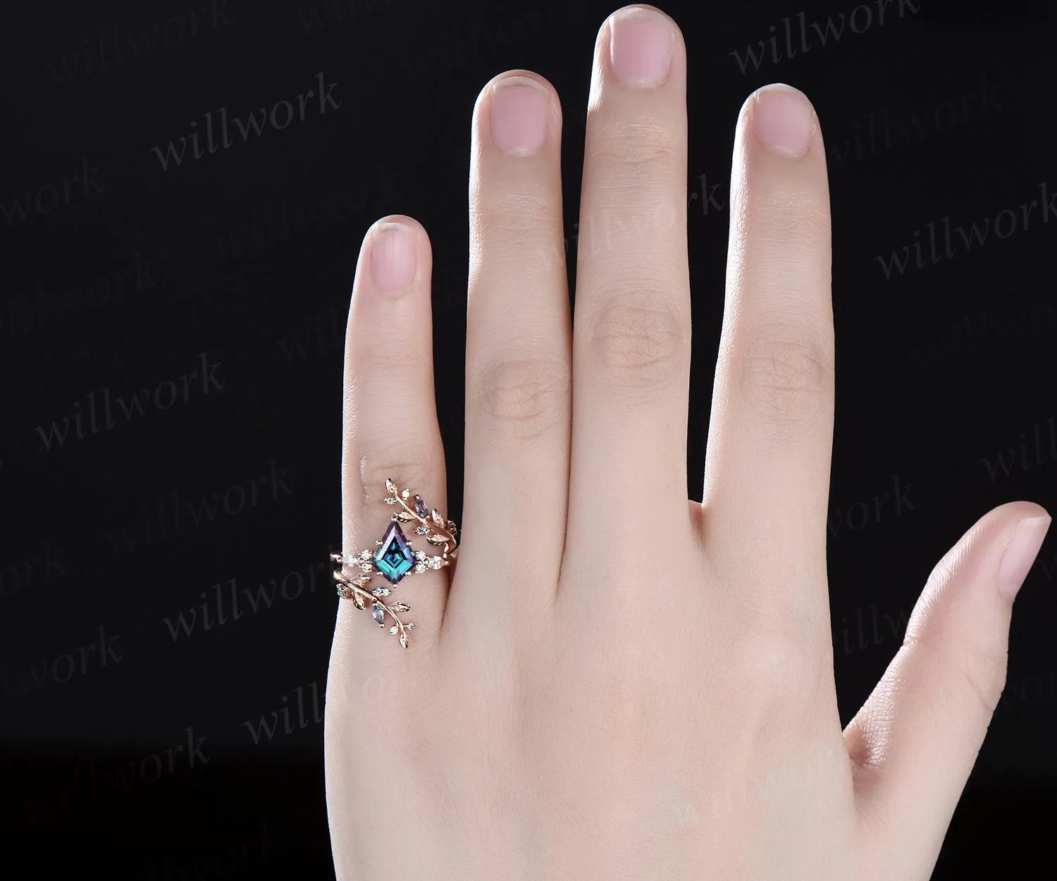Kite cut alexandrite engagement ring 14k rose gold leaf nature inspired cluster diamond wedding band enhancer unique wedding ring set women sold by Willwork Jewelry product image thumbnail 3
