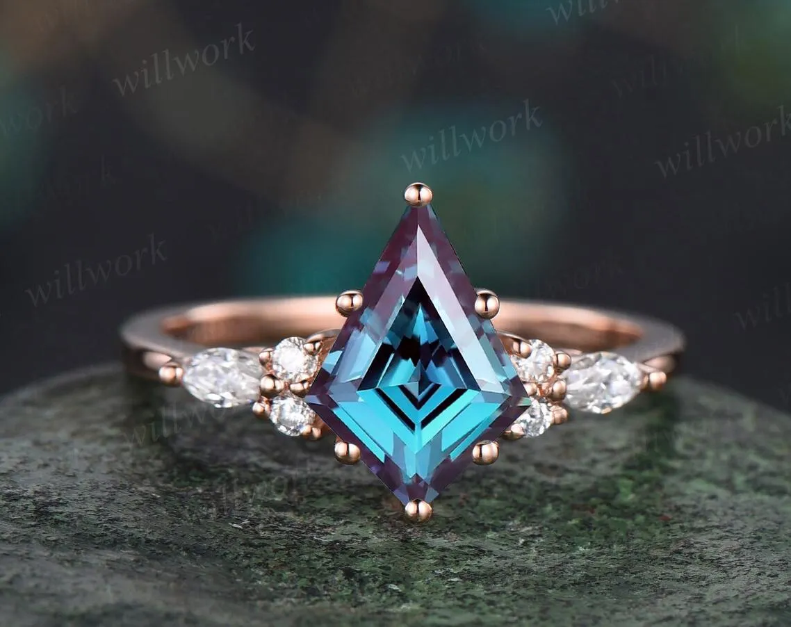 Kite cut alexandrite engagement ring 14k rose gold leaf nature inspired cluster diamond wedding band enhancer unique wedding ring set women sold by Willwork Jewelry product image thumbnail 4