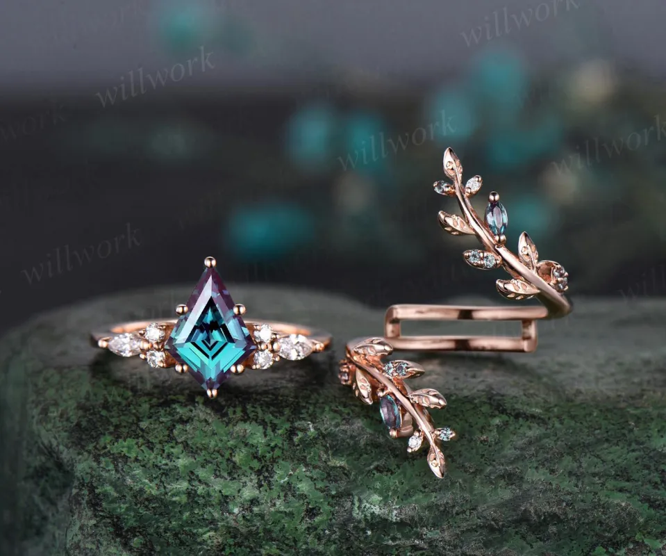 Kite cut alexandrite engagement ring 14k rose gold leaf nature inspired cluster diamond wedding band enhancer unique wedding ring set women sold by Willwork Jewelry