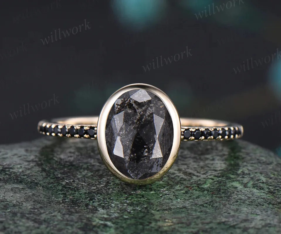 Oval Cut Bezel Natural Salt and Pepper Diamond Engagement Ring Unique Black Diamond Spinel Half Eternity Promise Ring sold by Willwork Jewelry
