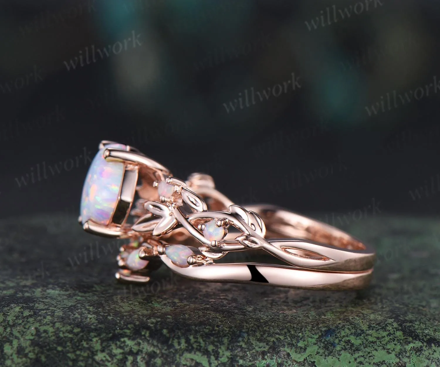 Vintage cushion white opal leaf engagement ring set 14k rose gold five stone cluster opal Nature inspired wedding ring set jewelry sold by Willwork Jewelry product image thumbnail 5