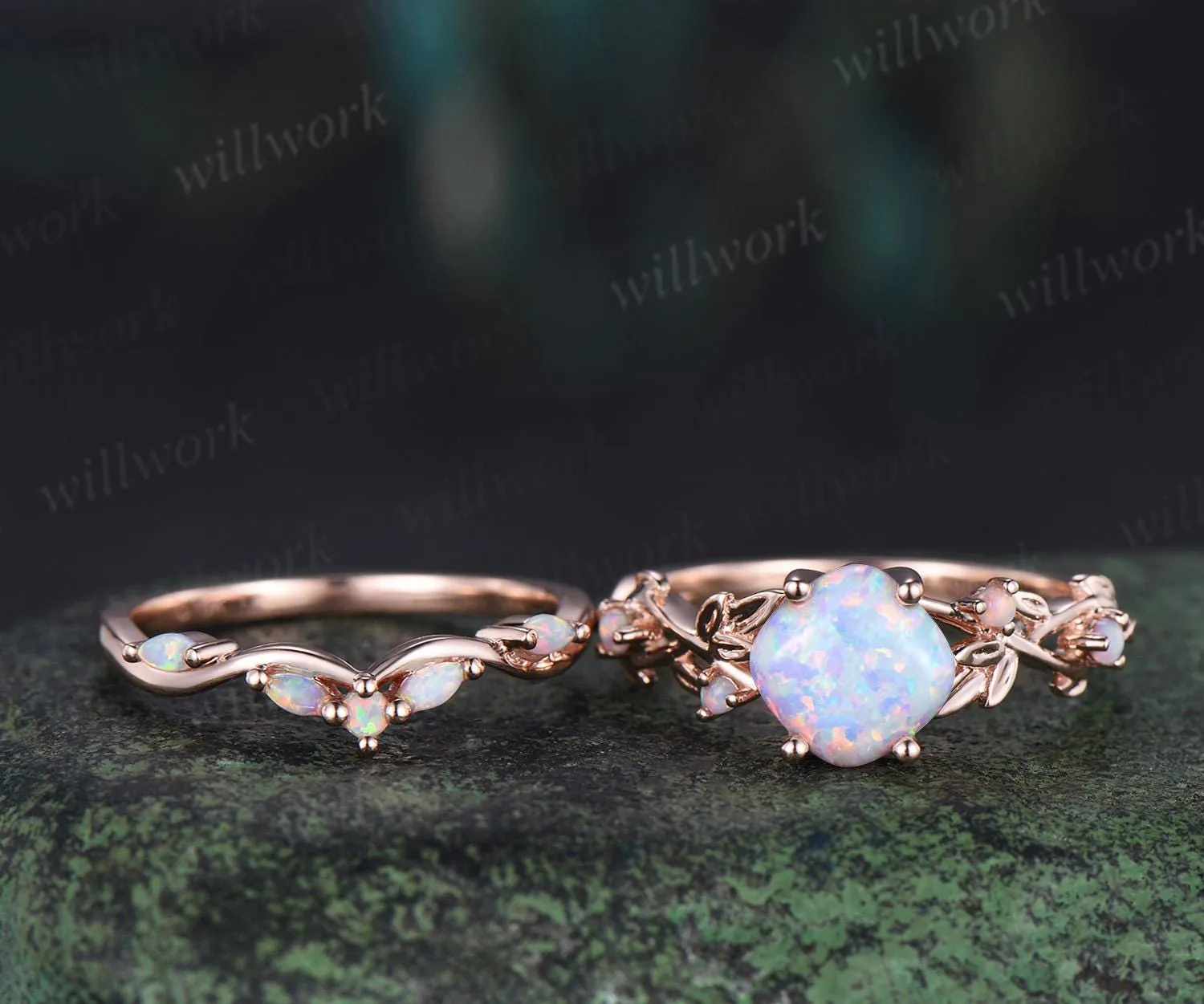 Vintage cushion white opal leaf engagement ring set 14k rose gold five stone cluster opal Nature inspired wedding ring set jewelry sold by Willwork Jewelry product image thumbnail 2