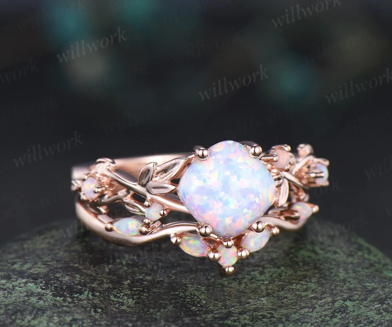 Vintage cushion white opal leaf engagement ring set 14k rose gold five stone cluster opal Nature inspired wedding ring set jewelry sold by Willwork Jewelry product image thumbnail 3