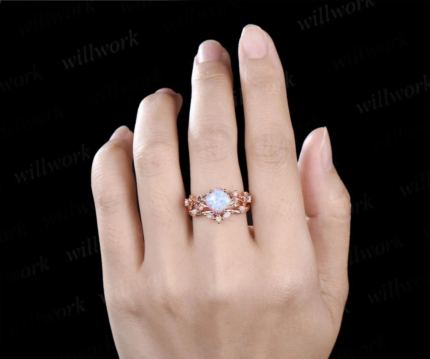 Vintage cushion white opal leaf engagement ring set 14k rose gold five stone cluster opal Nature inspired wedding ring set jewelry sold by Willwork Jewelry product image thumbnail 4
