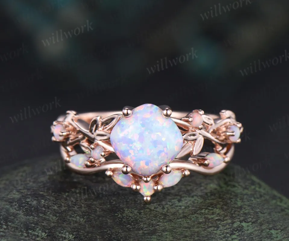 Vintage cushion white opal leaf engagement ring set 14k rose gold five stone cluster opal Nature inspired wedding ring set jewelry sold by Willwork Jewelry