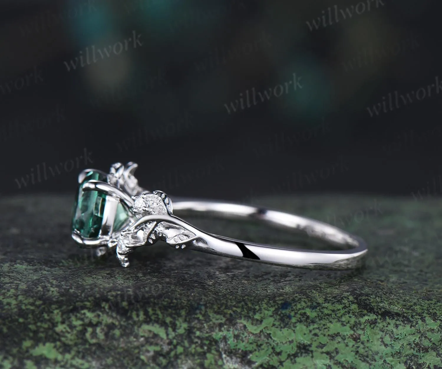 Vintage 1ct round green sapphire engagement ring leaf 14k white gold ring branch twig nature inspired five stone diamond promise ring women sold by Willwork Jewelry product image thumbnail 4
