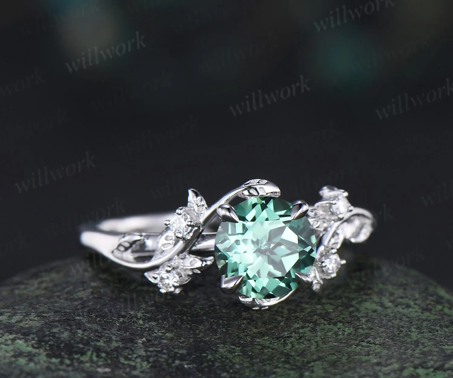 Vintage 1ct round green sapphire engagement ring leaf 14k white gold ring branch twig nature inspired five stone diamond promise ring women sold by Willwork Jewelry product image thumbnail 2