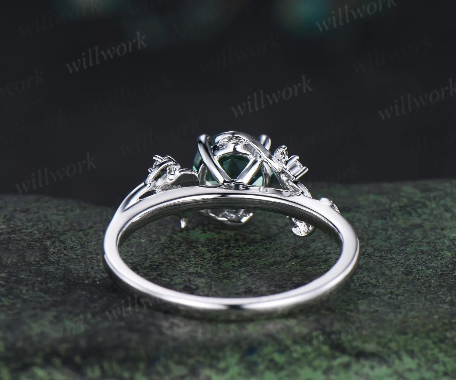 Vintage 1ct round green sapphire engagement ring leaf 14k white gold ring branch twig nature inspired five stone diamond promise ring women sold by Willwork Jewelry product image thumbnail 5